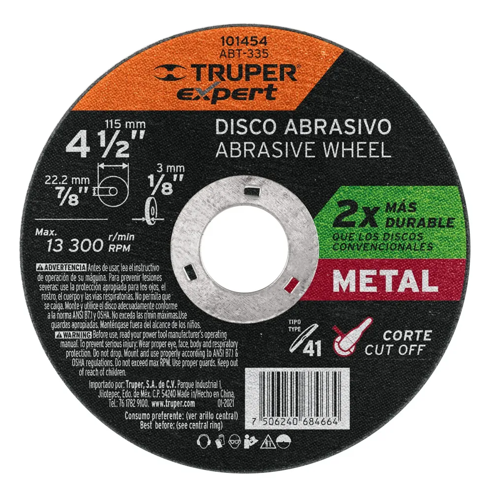 Disco para corte de metal 4-1/2' tipo 41, Truper Expert 101454 ABT-335