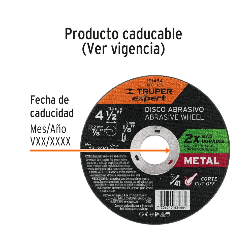 Disco para corte de metal 4-1/2' tipo 41, Truper Expert 101454 ABT-335