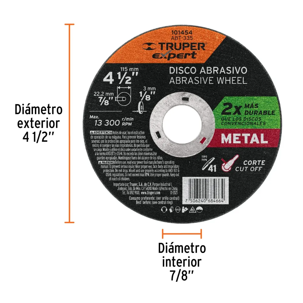Disco para corte de metal 4-1/2' tipo 41, Truper Expert 101454 ABT-335