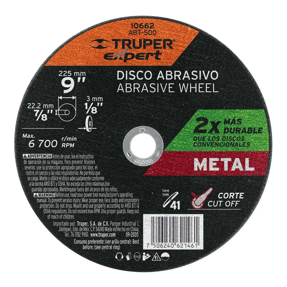 Disco para corte de metal, tipo 41, diámetro 9' Expert 10662 ABT-500