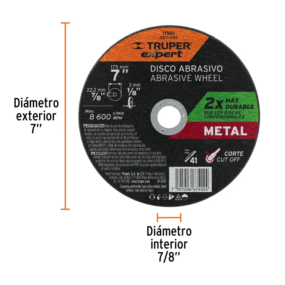 Disco para corte de metal, tipo 41, diámetro 7' Expert 11561 ABT-496
