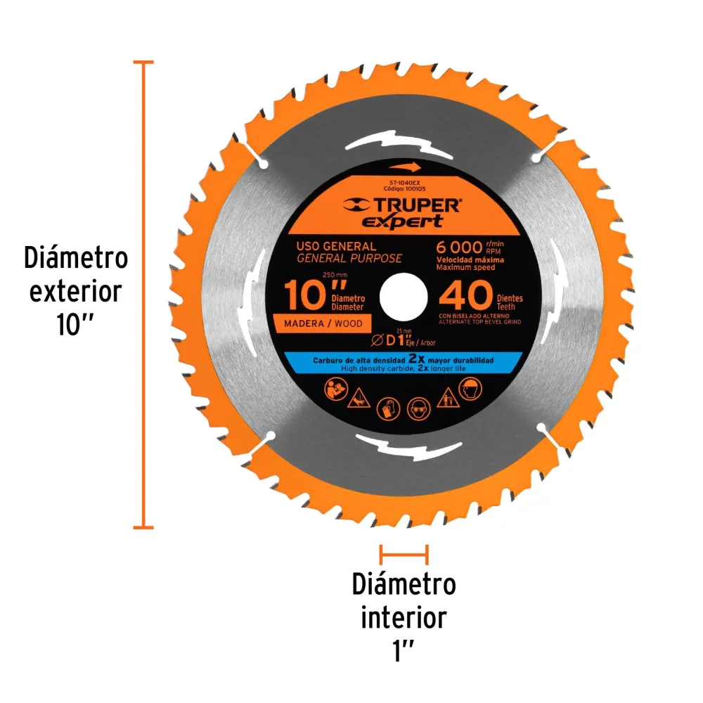 Disco sierra 10' para madera, 40 dientes centro 1', Expert 100105 ST-1040EX