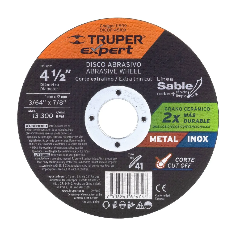 Disco Tipo 41 de 4-1/2' x 1 mm corte fino de metal, Expert 11899 DICOF-4510X