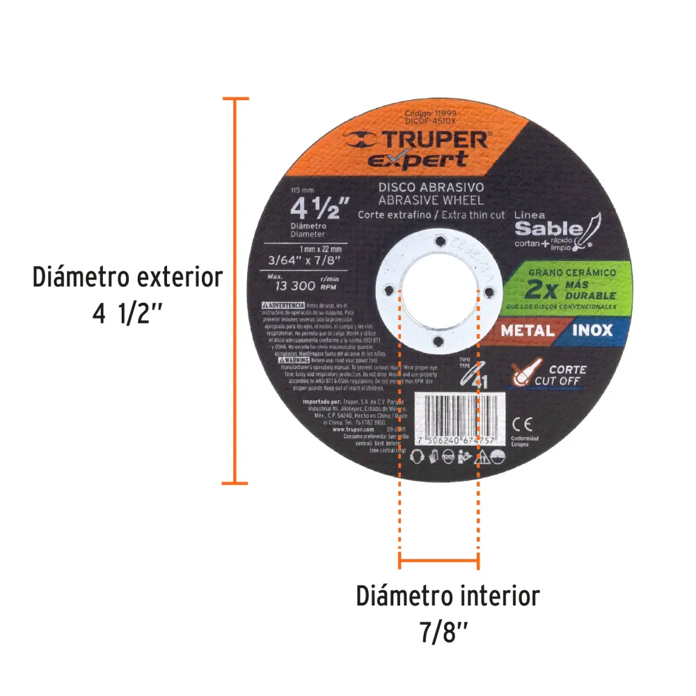 Disco Tipo 41 de 4-1/2' x 1 mm corte fino de metal, Expert 11899 DICOF-4510X