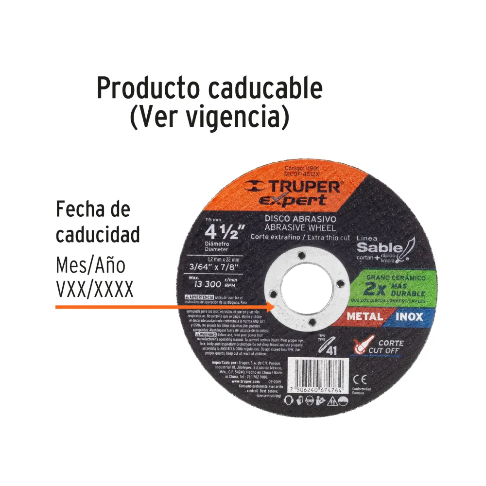 Disco Tipo 41 de 4-1/2' x 1.2 mm corte fino de metal, Expert 11901 DICOF-4512X