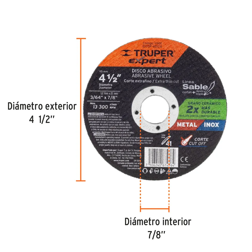 Disco Tipo 41 de 4-1/2' x 1.2 mm corte fino de metal, Expert 11901 DICOF-4512X