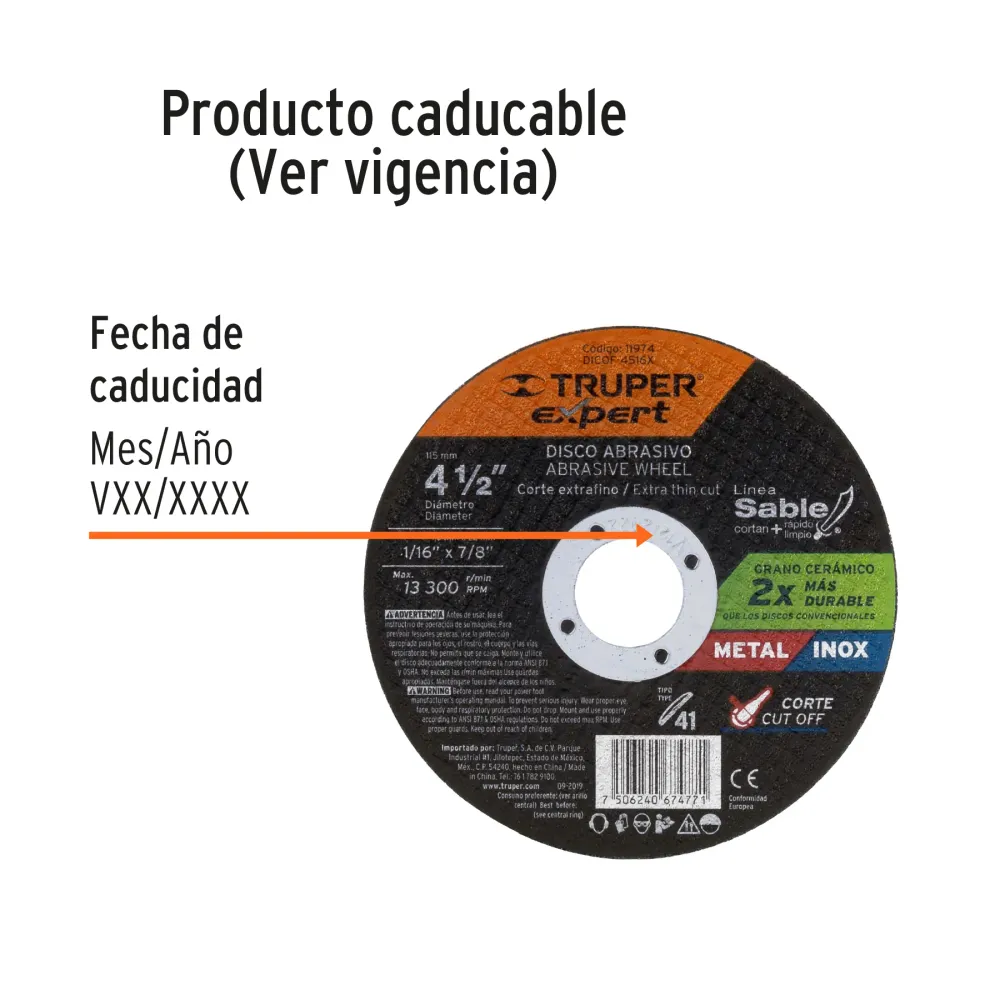 Disco Tipo 41 de 4-1/2' x 1.6 mm corte fino de metal, Expert 11974 DICOF-4516X