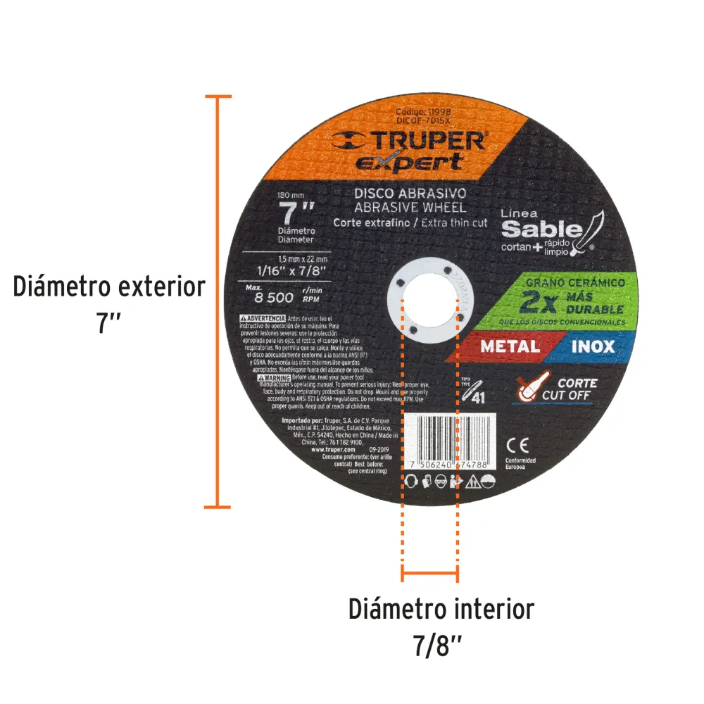 Disco Tipo 41 de 7' x 1.5 mm corte fino de metal, Expert 11998 DICOF-7015X