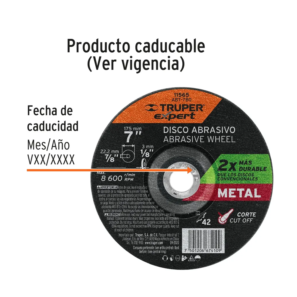 Disco Tipo 42 de 7' x 3.2 mm corte metal, Truper Expert 11565 ABT-780