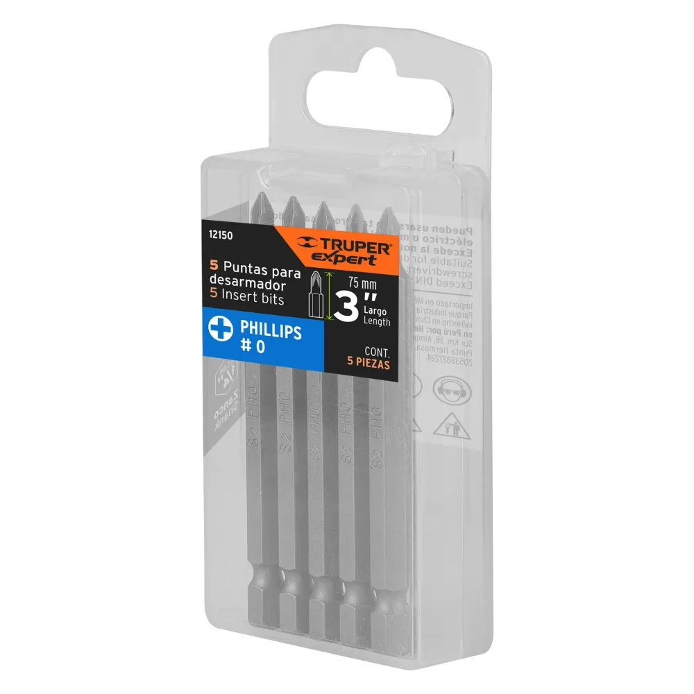 Estuche con 5 puntas de cruz PH0 largo 3", Truper Expert