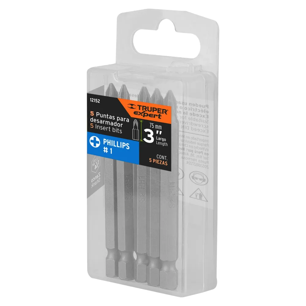 Estuche con 5 puntas de cruz PH1 largo 3", Truper Expert