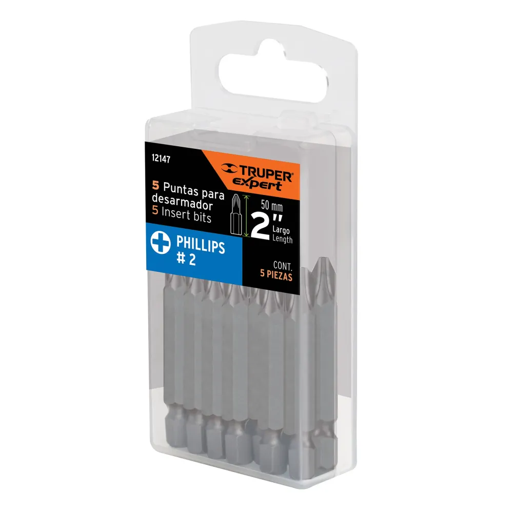 Estuche con 5 puntas de cruz PH2 largo 2", Truper Expert