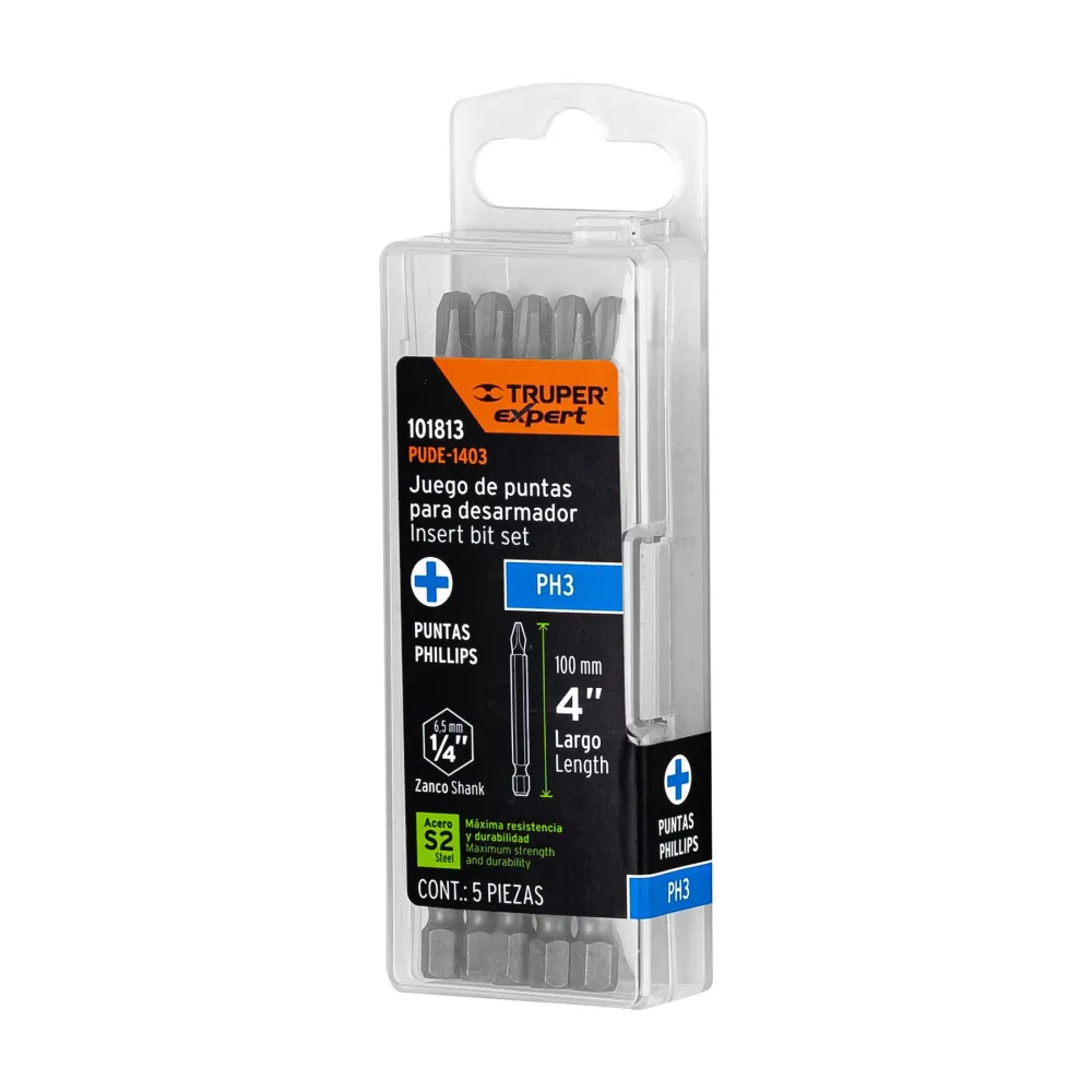 Estuche con 5 puntas de cruz PH3 largo 4", Truper Expert