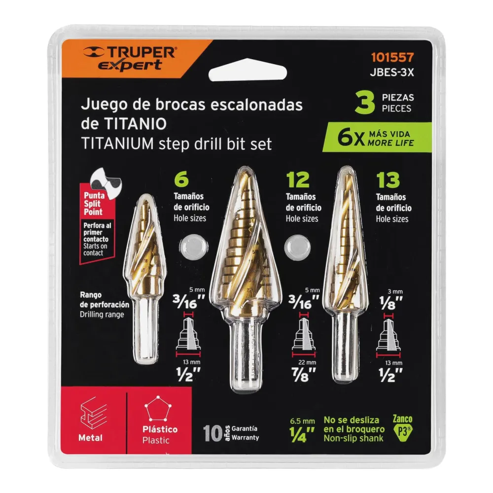 Juego de 3 brocas escalonadas de titanio, Truper Expert 101557 JBES-3X