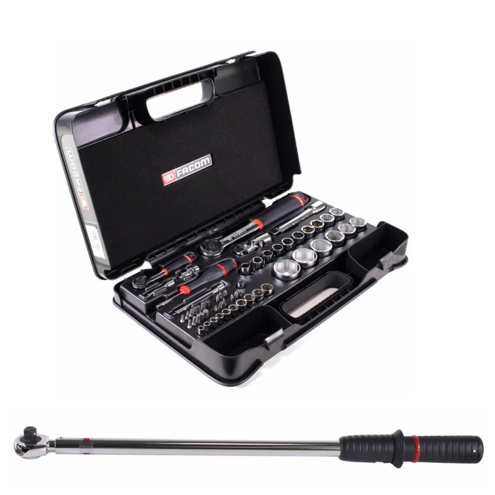 Juego Facom llave dinamométrica 1/2" 60 - 340Nm (P.208-340) + juego de 55 llaves de vaso 1/4" + 1/2" (RS.161-2)