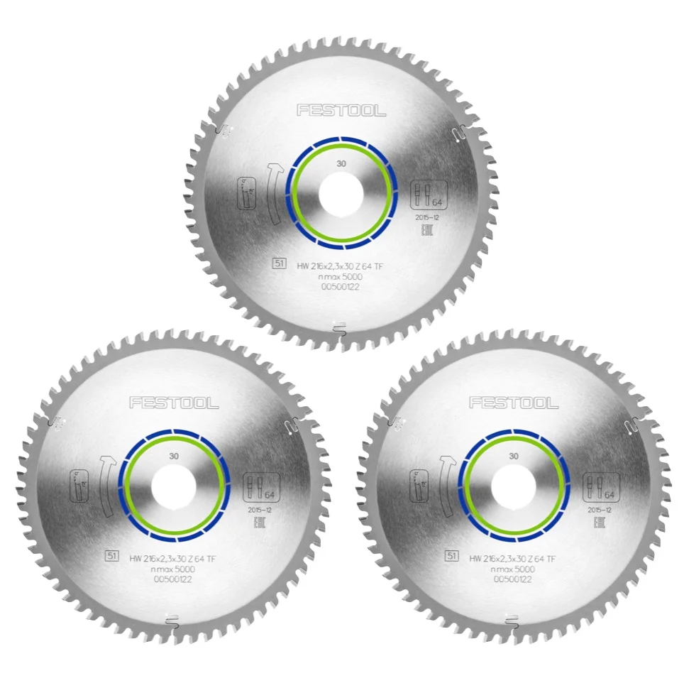Festool ALUMINIO/PLÁSTICO TF64 Hoja de sierra circular, HW 216 x 30 x 2,3 mm, TF64, 216 mm, 64 dientes, 3 unid. (3x 500122)