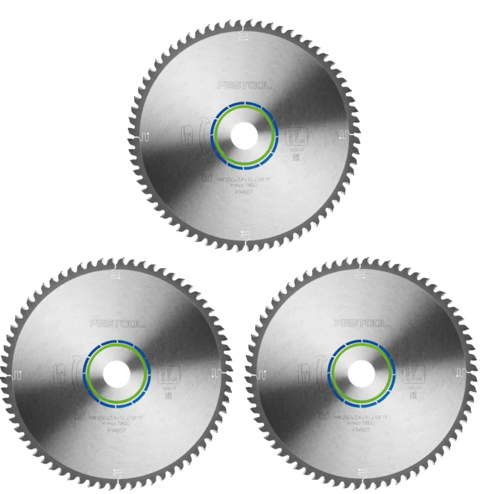 3x Festool hoja de sierra circular especial TF68 aluminio plástico 260 x 2,4 x 30 mm (494607) 260 mm 68 dientes para KS 88...