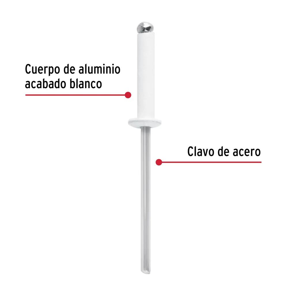 Bolsa con 50 remaches 1/8"x1/2" blancos de aluminio, ala 1/4" Fiero