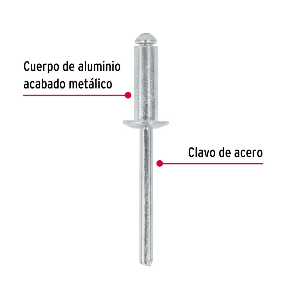 Bolsa con 50 remaches 3/16" x 1/2" de aluminio, ala 3/8" Fiero
