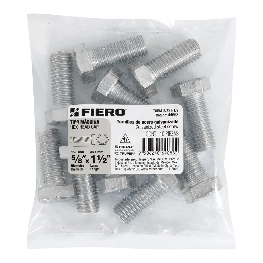 Bolsa con 10 tornillos 5/8" x 1-1/2" tipo máquina, Fiero