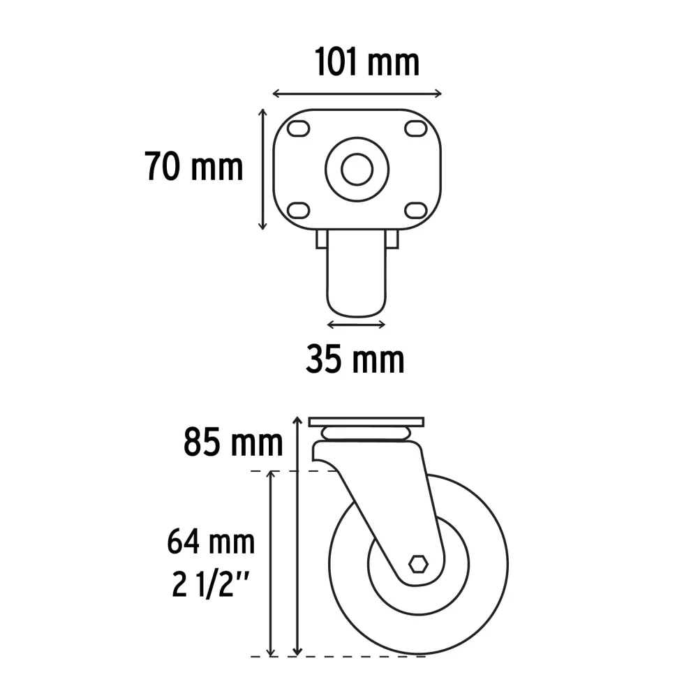 Rodaja hule 2-1/2", placa giratoria con balero, carga 50kg Fiero