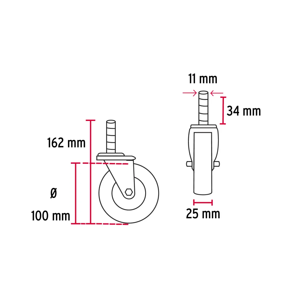 Rodaja hule 4", con espiga roscada, carga 50kg, Fiero