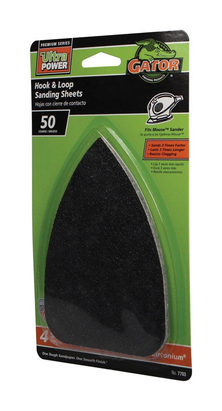 Papel de lija Gator Mouse de óxido de circonio de grano 50, 5 pulgadas de largo x 3-1/2 pulgadas de ancho, paquete de 4 -...