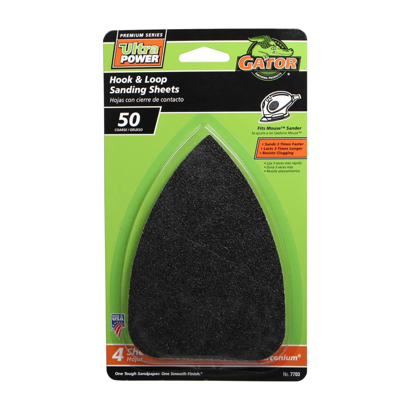 Papel de lija Gator Mouse de óxido de circonio de grano 50, 5 pulgadas de largo x 3-1/2 pulgadas de ancho, paquete de 4 -...