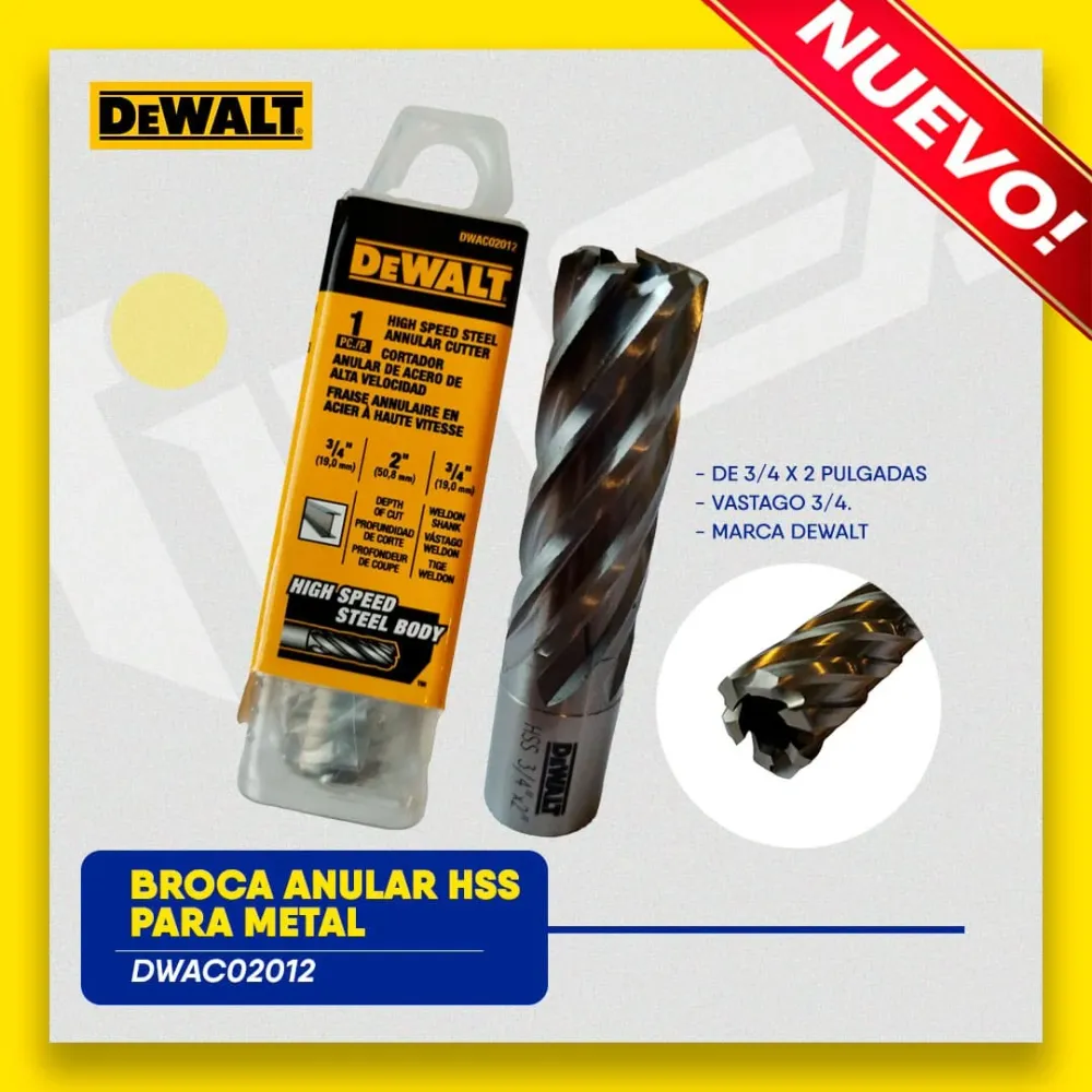 BROCA ANULAR HSS PARA METAL DE 3/4 X 2 PULGADAS VASTAGO 3/4. MARCA DEWALT Global Tools Gt