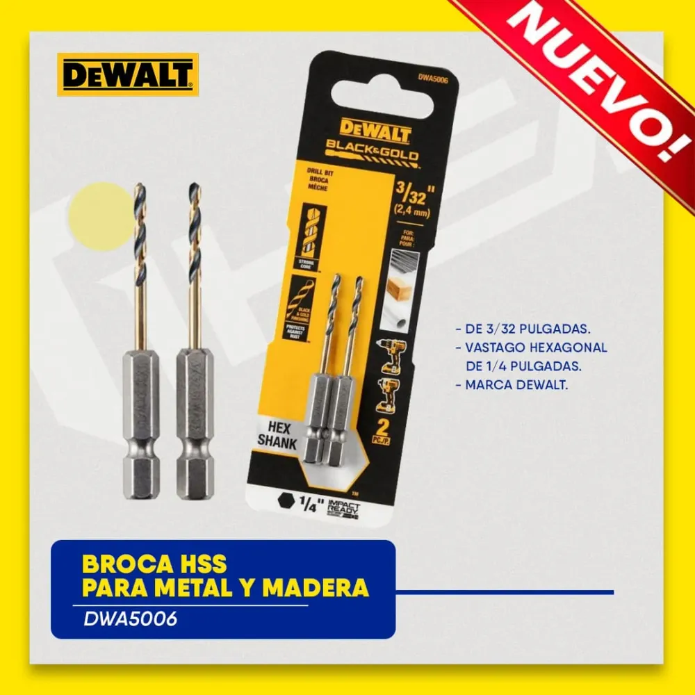 BROCA HSS PARA METAL Y MADERA DE 3/32 PULGADAS, VASTAGO HEXAGONAL DE 1/4 PULGADAS. MARCA DEWALT Global Tools Gt