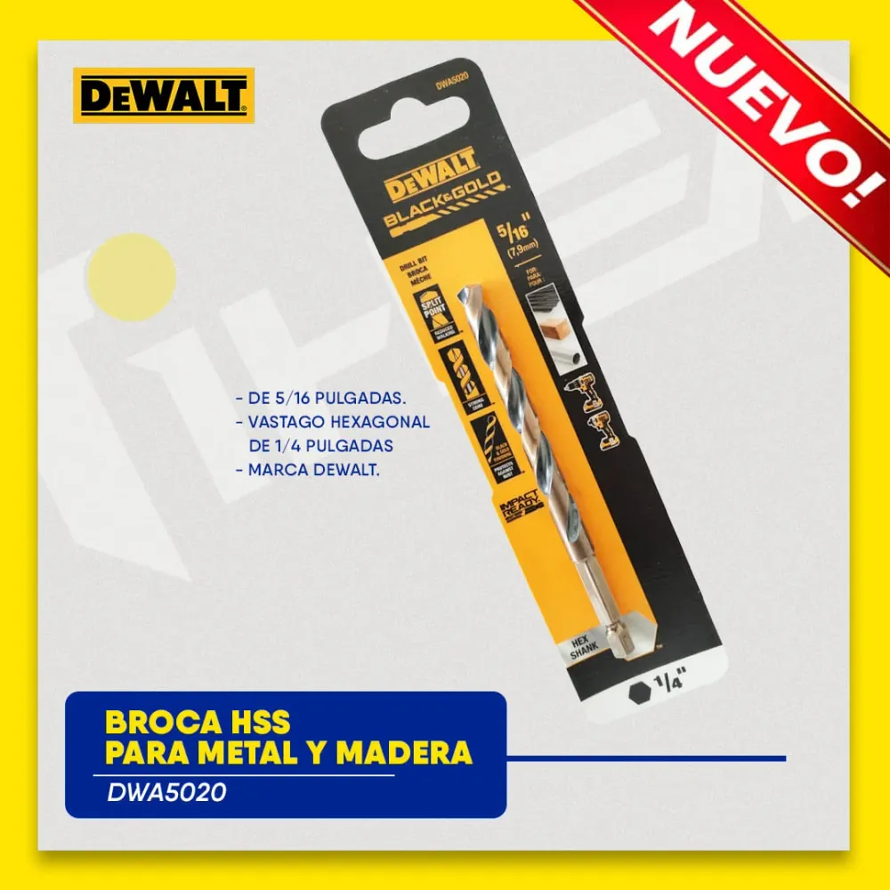 BROCA HSS PARA METAL Y MADERA, DE 5/16 PULGADAS, VASTAGO HEXAGONAL DE 1/4 PULGADAS. MARCA DEWALT Global Tools Gt