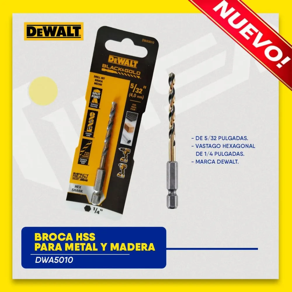 BROCA HSS PARA METAL Y MADERA DE 5/32 PULGADAS, VASTAGO HEXAGONAL DE 1/4 PULGADAS. MARCA DEWALT Global Tools Gt