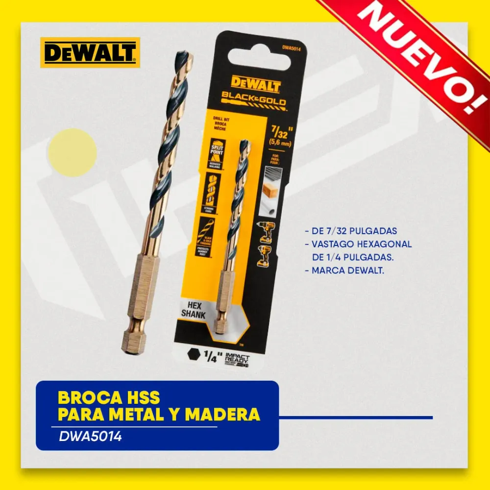 BROCA HSS PARA METAL Y MADERA DE 7/32 PULGADAS, VASTAGO HEXAGONAL DE 1/4 PULGADAS. MARCA DEWALT Global Tools Gt