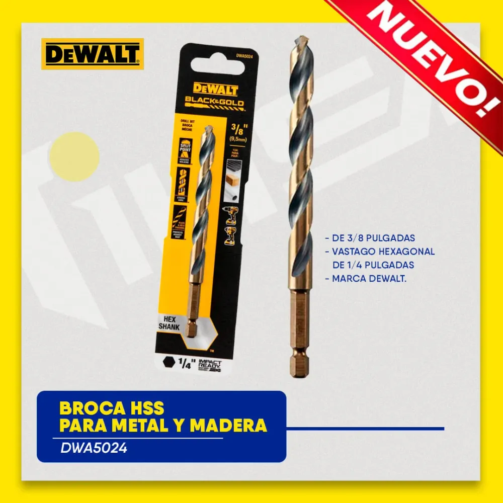 BROCA HSS PARA METAL Y MADERA DE 3/8 PULGADAS, VASTAGO HEXAGONAL DE 1/4 PULGADAS. MARCA DEWALT Global Tools Gt