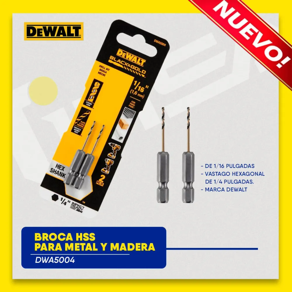 BROCAS HSS PARA METAL Y MADERA DE 1/16 PULGADAS, VASTAGO HEXAGONAL DE 1/4 PULGADAS. MARCA DEWALT Global Tools Gt