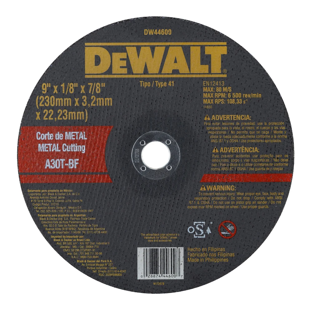 DISCO ABRASIVO, PLANO, 9 X 1/8 X 7/8, CORTAR METAL, TAIWANES. MARCA DEWALT Global Tools Gt
