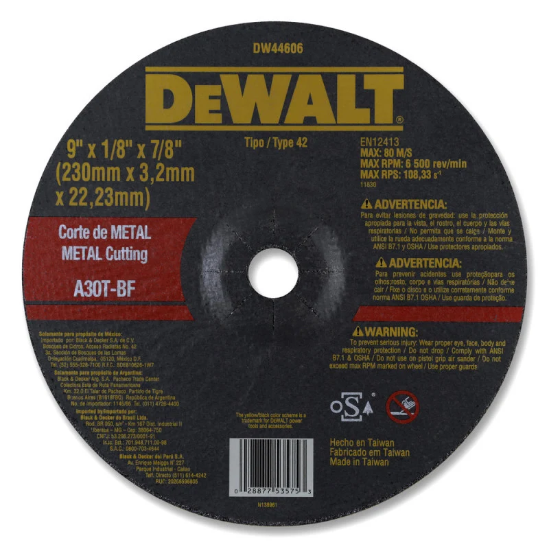 Disco para cortar metal de 9 plg, centro realzado, Dewalt, dw44606-ph Global Tools Gt