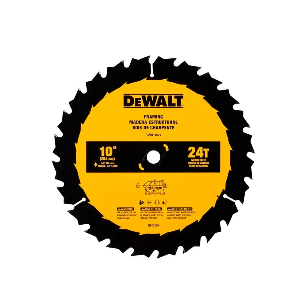 DISCO DE SIERRA, 10 PULG, EJE 5/8 PULG, 24 DIENTES DE CARBURO, P/CORTES LONGITUDINALES RAPIDOS EN MADERA. MARCA DEWALT Glo...