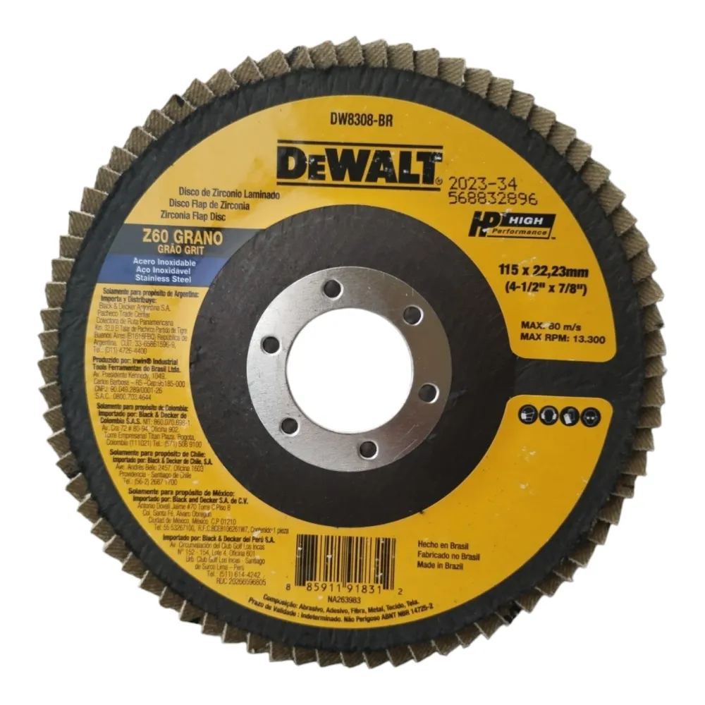 DISCO DE ZIRCONIO 4-1/2 X 7/8 PULG, GRANO 60. MARCA DEWALT Global Tools Gt