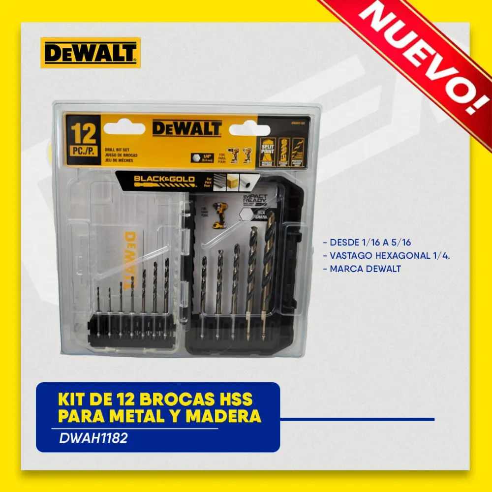 KIT DE 12 BROCAS HSS PARA METAL Y MADERA VA DESDE 1/16 5/16 VASTAGO HEXAGONAL 1/4. MARCA DEWALT Global Tools Gt
