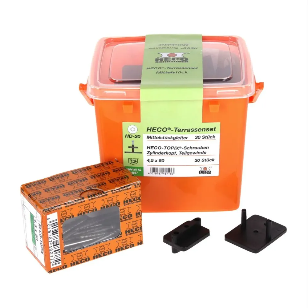 HECO Juego de fijaciones para terrazas, 30 uds + tornillos HECO TOPIX 4,5 x 50 mm HD 20 + Estuche ( 48715 )