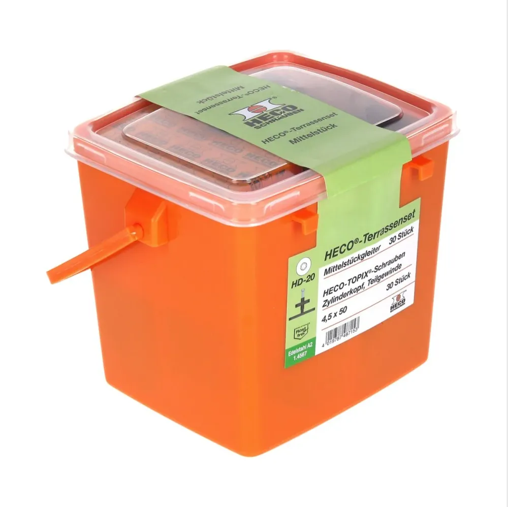 HECO Juego de fijaciones para terrazas, 30 uds + tornillos HECO TOPIX 4,5 x 50 mm HD 20 + Estuche ( 48715 )