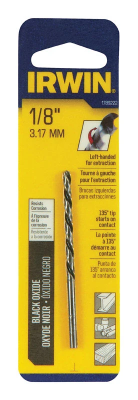 Broca para taladro zurdo de acero de alta velocidad Irwin de 1/8 pulg. x 2-3/4 pulg. de largo, vástago redondo, 1 pieza -...