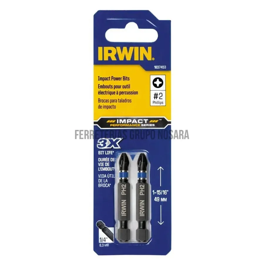 Punta para desatornillador phillips #2 PH x 2" Irwin / IWAF32PH22 (sust. 1837453) (2 por paquete)
