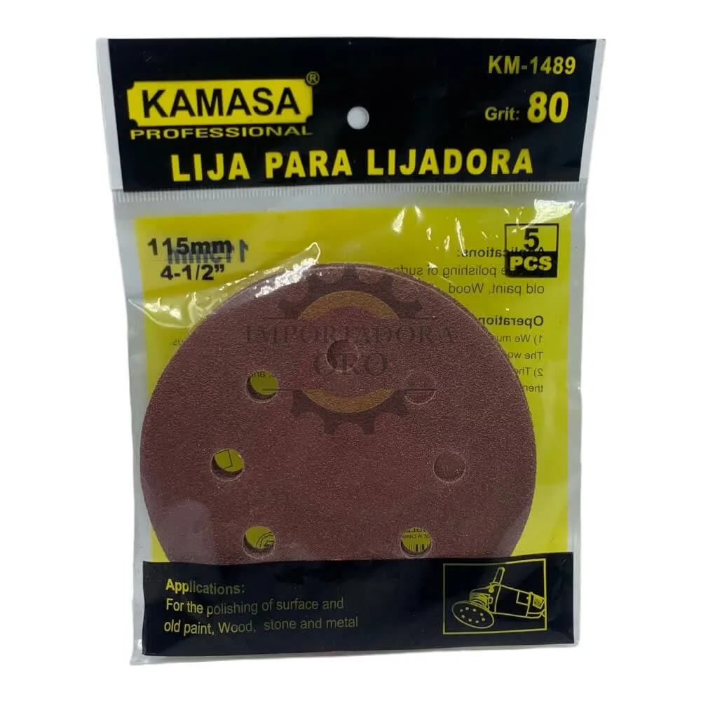 Lija circular con velcro 4.1/2" #80 5 piezas Kamasa