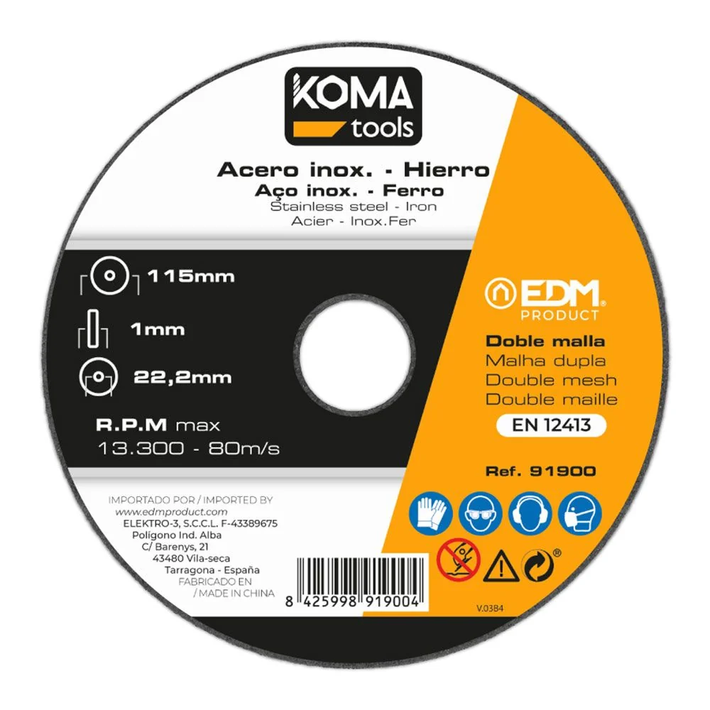DISCO CORTE HIERRO Y ACERO INOX Ø115 x 1,0 x 22,2 mm KOMA TOOLS