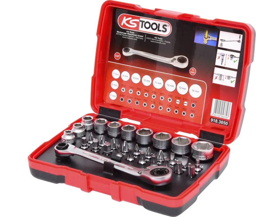 KS TOOLS Juego de llaves de vaso y puntas para carraca hueca de 1/4' + 11 mm, 31 pzs ( 918.3050 )