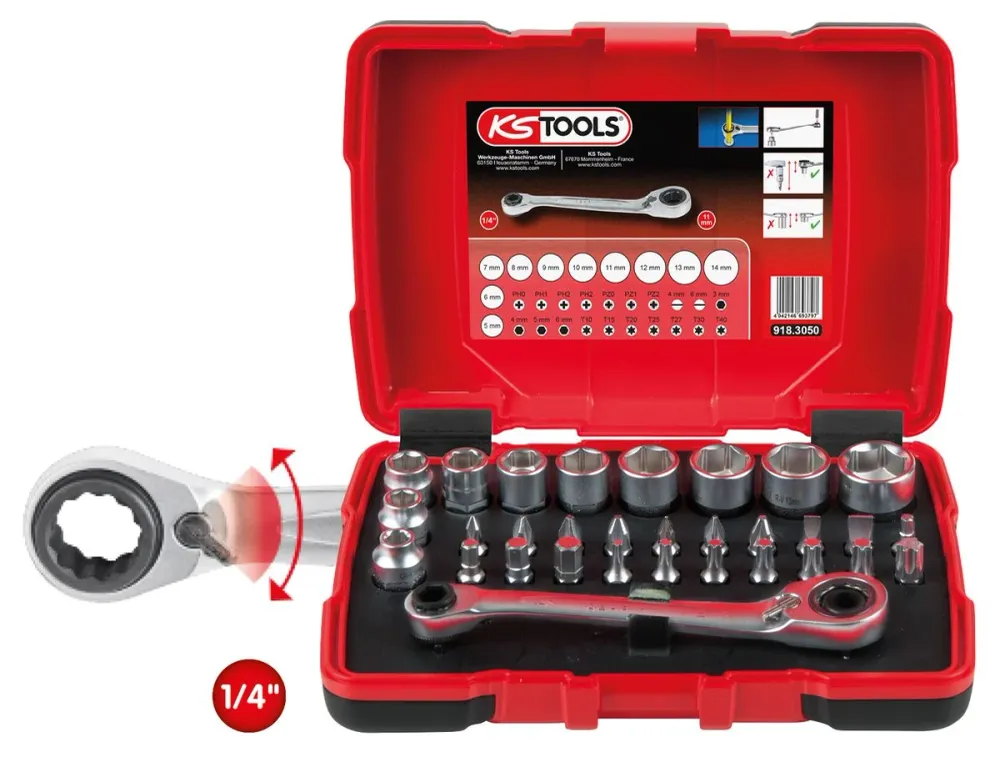 KS TOOLS Juego de llaves de vaso y puntas para carraca hueca de 1/4' + 11 mm, 31 pzs ( 918.3050 )