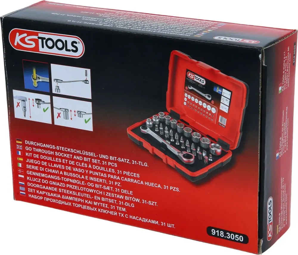 KS TOOLS Juego de llaves de vaso y puntas para carraca hueca de 1/4' + 11 mm, 31 pzs ( 918.3050 )
