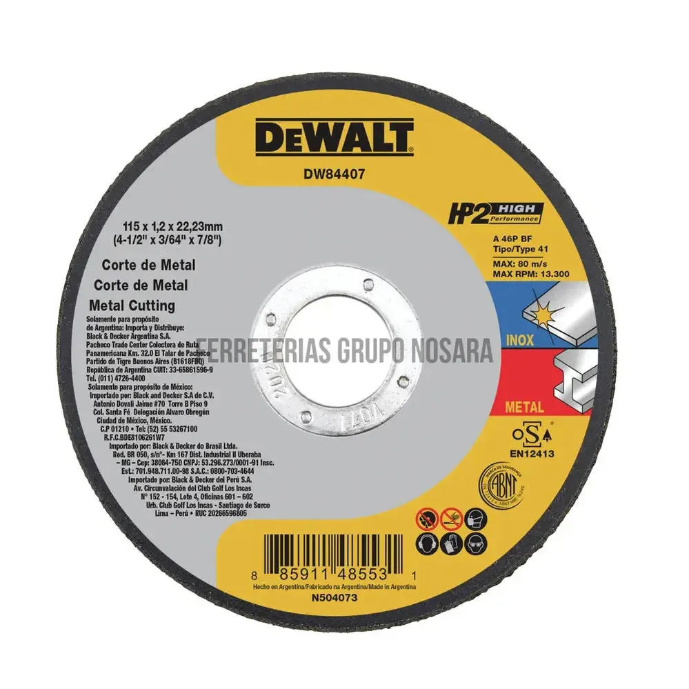 DISCO CORTE ABRASIVO METAL 4-1/2" X 1.2 MM (7/16) PLANO HP2 DEWALT DW84407 LIBRE